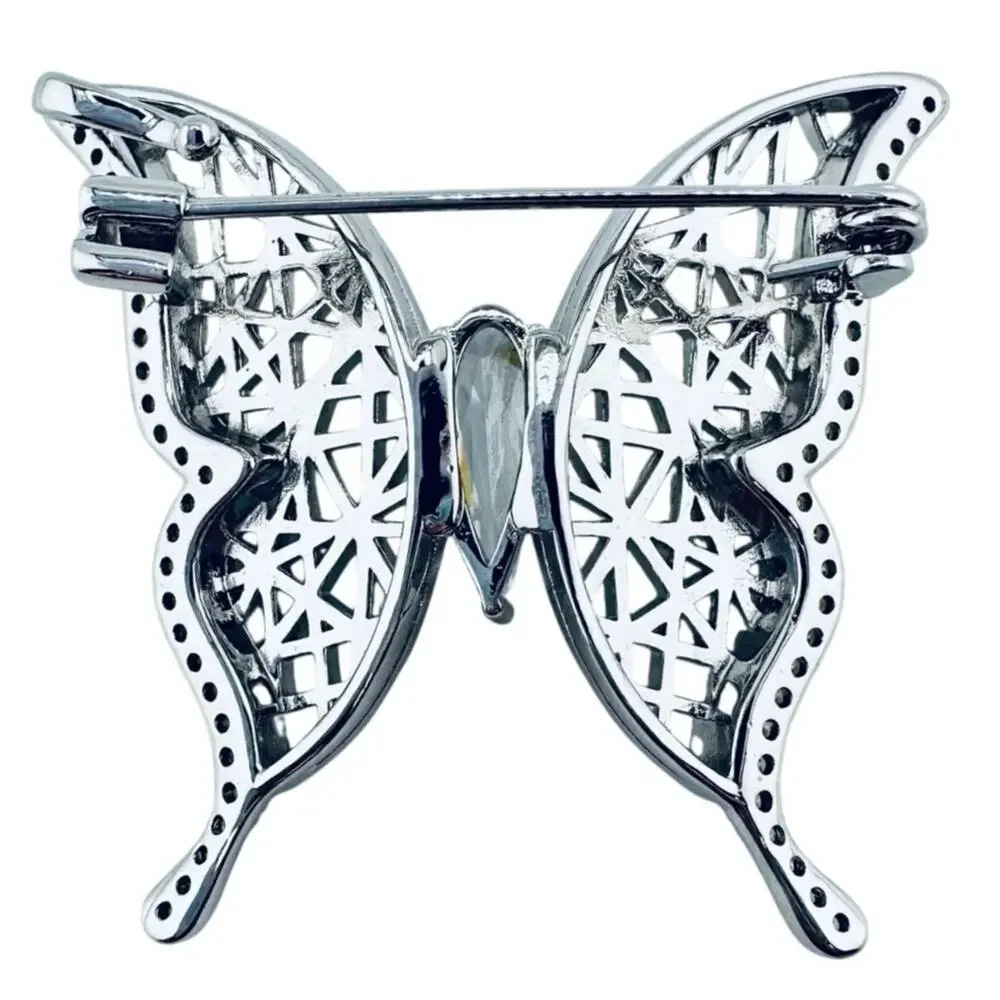 Cubic Zirconia Butterfly Abstract Filigree Chrome Finish Silver Tone Brooch